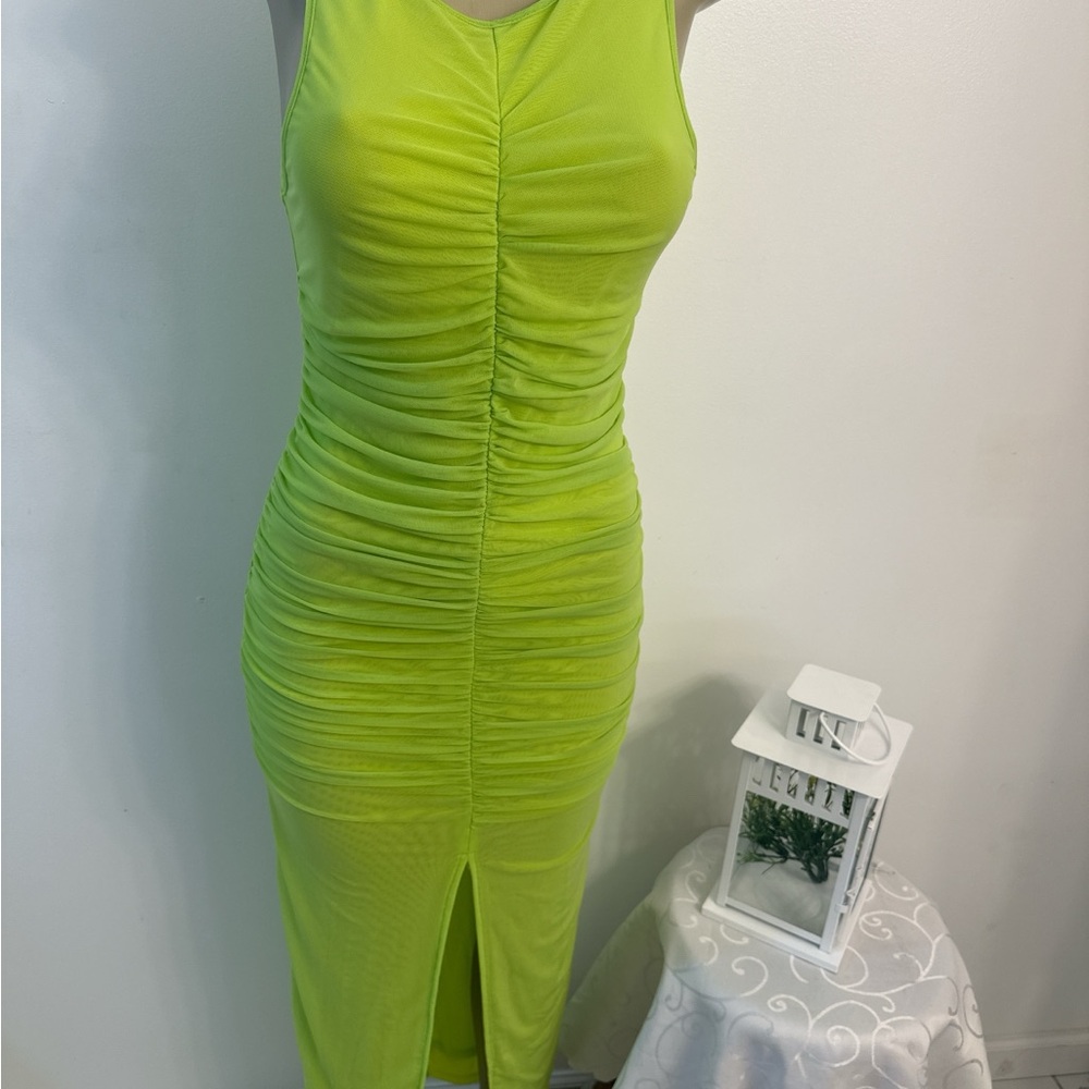 Ruched Lime Green Sleeveless Midi Dress